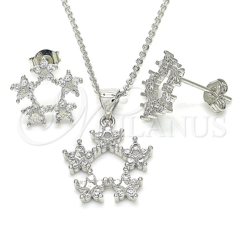 Juego de Arete y Dije de Adulto 10.199.0141 Rodio Laminado, Diseño de Flor y Estrella, con Zirconia Cubica Blanca, Pulido, Rodinado