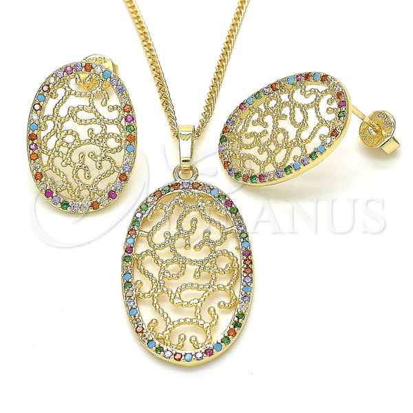 Juego de Arete y Dije de Adulto 10.233.0038.1 Oro Laminado, con Multicolor Zirconia Cubica, Pulido, Tono Dorado