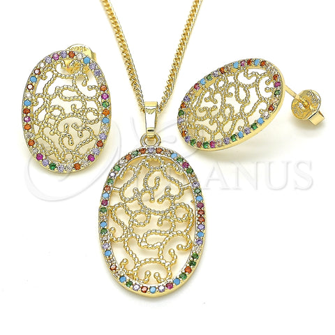 Juego de Arete y Dije de Adulto 10.233.0038.1 Oro Laminado, con Multicolor Zirconia Cubica, Pulido, Tono Dorado