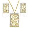 Juego de Arete y Dije de Adulto 10.233.0039 Oro Laminado, Diseño de Oja, con Blanca Zirconia Cubica, Pulido, Tono Dorado