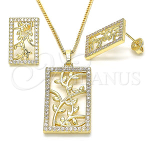 Juego de Arete y Dije de Adulto 10.233.0039 Oro Laminado, Diseño de Oja, con Blanca Zirconia Cubica, Pulido, Tono Dorado