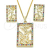 Juego de Arete y Dije de Adulto 10.233.0039.1 Oro Laminado, Diseño de Oja, con Multicolor Zirconia Cubica, Pulido, Tono Dorado