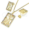Juego de Arete y Dije de Adulto 10.233.0039.1 Oro Laminado, Diseño de Oja, con Multicolor Zirconia Cubica, Pulido, Tono Dorado