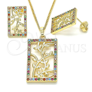 Juego de Arete y Dije de Adulto 10.233.0039.1 Oro Laminado, Diseño de Oja, con Multicolor Zirconia Cubica, Pulido, Tono Dorado