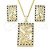 Juego de Arete y Dije de Adulto 10.233.0039.2 Oro Laminado, Diseño de Oja, con Negro and Blanca Zirconia Cubica, Pulido, Tono Dorado