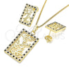 Juego de Arete y Dije de Adulto 10.233.0039.2 Oro Laminado, Diseño de Oja, con Negro and Blanca Zirconia Cubica, Pulido, Tono Dorado