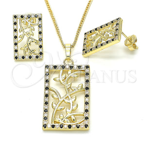 Juego de Arete y Dije de Adulto 10.233.0039.2 Oro Laminado, Diseño de Oja, con Negro and Blanca Zirconia Cubica, Pulido, Tono Dorado