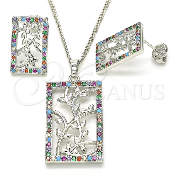 Juego de Arete y Dije de Adulto 10.233.0039.4 Rodio Laminado, Diseño de Oja, con Zirconia Cubica Multicolor, Pulido, Rodinado