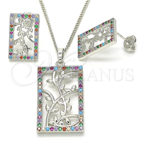 Juego de Arete y Dije de Adulto 10.233.0039.4 Rodio Laminado, Diseño de Oja, con Zirconia Cubica Multicolor, Pulido, Rodinado