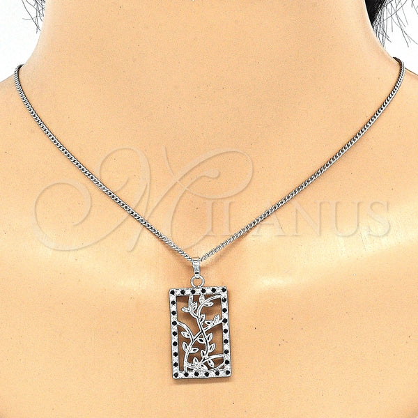 Juego de Arete y Dije de Adulto 10.233.0039.5 Rodio Laminado, Diseño de Oja, con Zirconia Cubica Negro y Blanca, Pulido, Rodinado