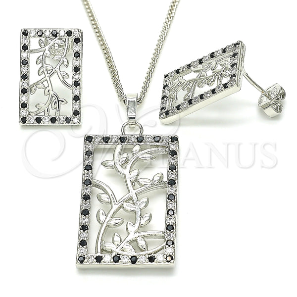 Juego de Arete y Dije de Adulto 10.233.0039.5 Rodio Laminado, Diseño de Oja, con Zirconia Cubica Negro y Blanca, Pulido, Rodinado