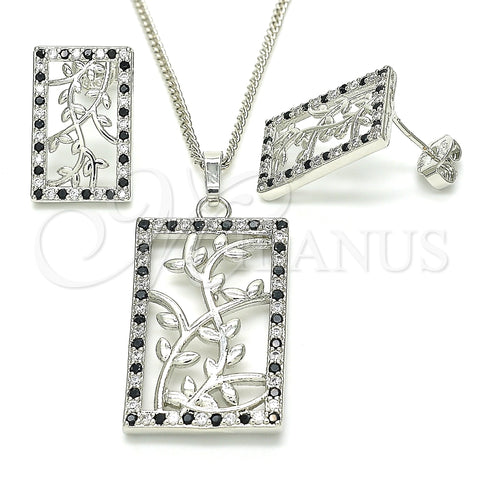 Juego de Arete y Dije de Adulto 10.233.0039.5 Rodio Laminado, Diseño de Oja, con Zirconia Cubica Negro y Blanca, Pulido, Rodinado