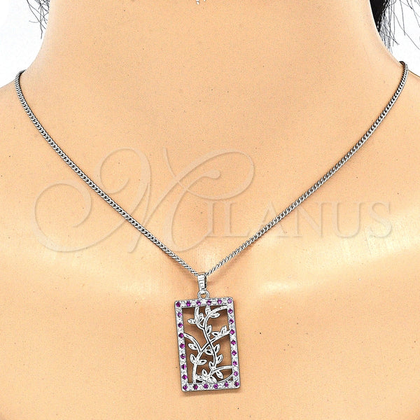 Juego de Arete y Dije de Adulto 10.233.0039.6 Rodio Laminado, Diseño de Oja, con Zirconia Cubica Rubi y Blanca, Pulido, Rodinado
