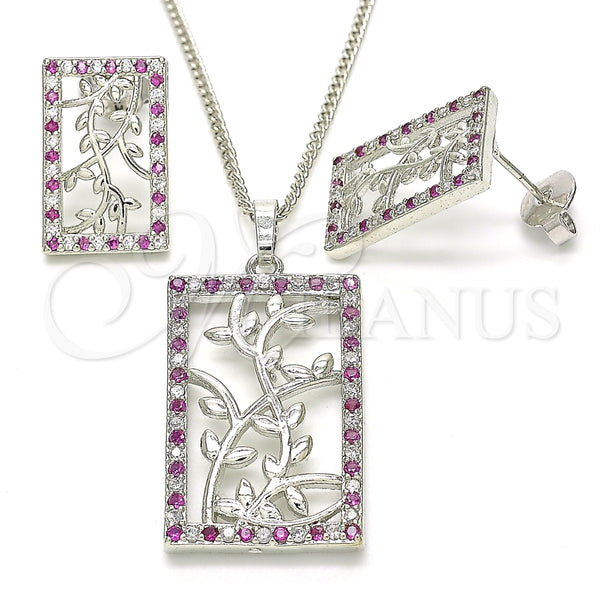 Juego de Arete y Dije de Adulto 10.233.0039.6 Rodio Laminado, Diseño de Oja, con Zirconia Cubica Rubi y Blanca, Pulido, Rodinado