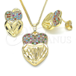 Juego de Arete y Dije de Adulto 10.233.0040.1 Oro Laminado, Diseño de Corazón, con Multicolor Micro Pave, Diamantado, Tono Dorado