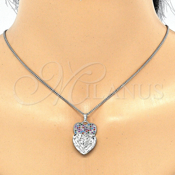 Juego de Arete y Dije de Adulto 10.233.0040.4 Rodio Laminado, Diseño de Corazón, con Zirconia Cubica Multicolor, Diamantado, Rodinado