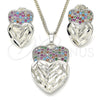 Juego de Arete y Dije de Adulto 10.233.0040.4 Rodio Laminado, Diseño de Corazón, con Zirconia Cubica Multicolor, Diamantado, Rodinado