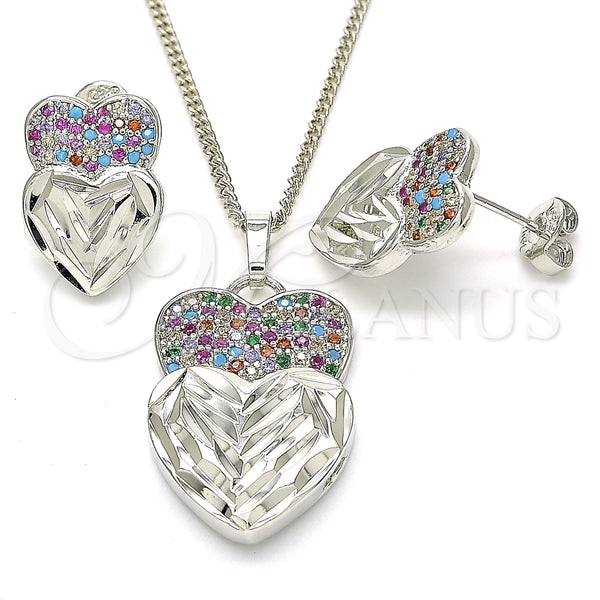 Juego de Arete y Dije de Adulto 10.233.0040.4 Rodio Laminado, Diseño de Corazón, con Zirconia Cubica Multicolor, Diamantado, Rodinado