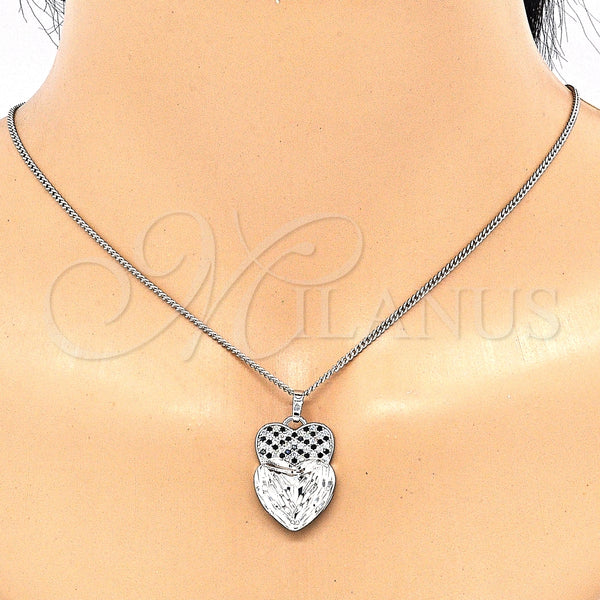 Juego de Arete y Dije de Adulto 10.233.0040.5 Rodio Laminado, Diseño de Corazón, con Zirconia Cubica Negro y Blanca, Diamantado, Rodinado