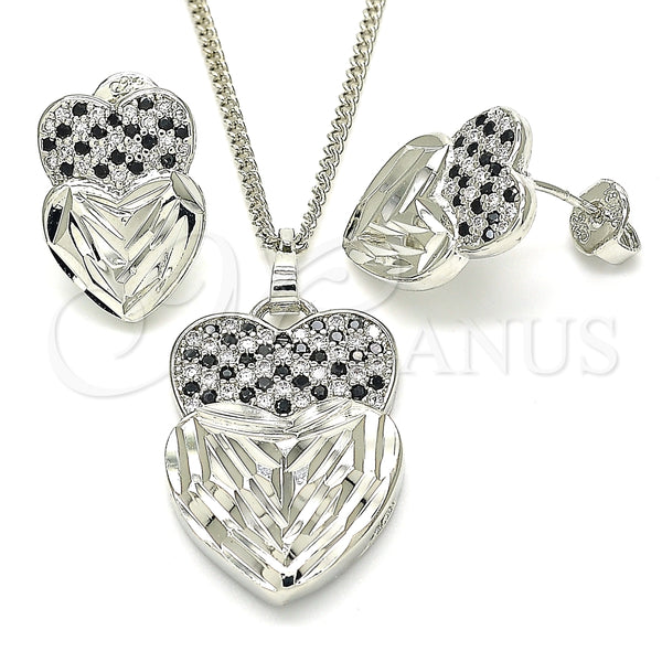 Juego de Arete y Dije de Adulto 10.233.0040.5 Rodio Laminado, Diseño de Corazón, con Zirconia Cubica Negro y Blanca, Diamantado, Rodinado