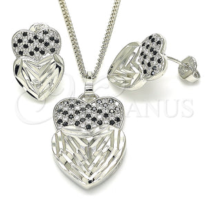 Juego de Arete y Dije de Adulto 10.233.0040.5 Rodio Laminado, Diseño de Corazón, con Zirconia Cubica Negro y Blanca, Diamantado, Rodinado