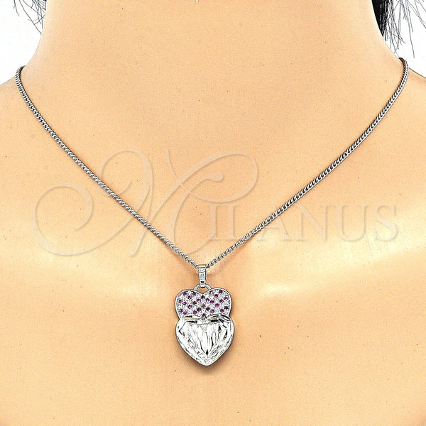 Juego de Arete y Dije de Adulto 10.233.0040.6 Rodio Laminado, Diseño de Corazón, con Zirconia Cubica Rubi y Blanca, Diamantado, Rodinado