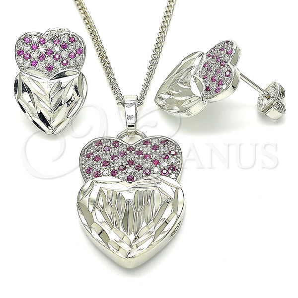 Juego de Arete y Dije de Adulto 10.233.0040.6 Rodio Laminado, Diseño de Corazón, con Zirconia Cubica Rubi y Blanca, Diamantado, Rodinado