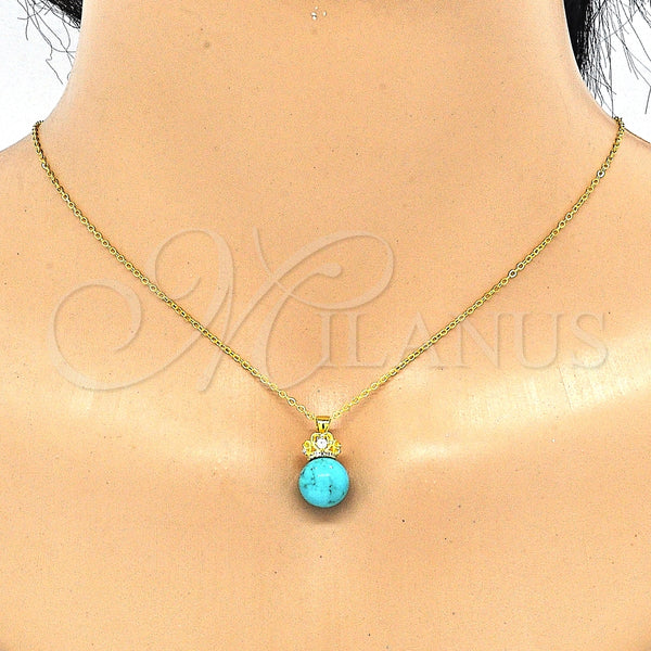 Juego de Arete y Dije de Adulto 10.63.0597 Plata Rodinada, Diseño de Corona y Bola, con Zirconia Cubica Blanca, Pulido, Tono Dorado