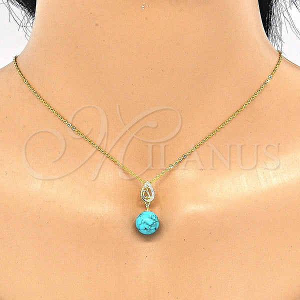Juego de Arete y Dije de Adulto 10.63.0600 Plata Rodinada, Diseño de Gota y Bola, con Zirconia Cubica Blanca, Pulido, Tono Dorado