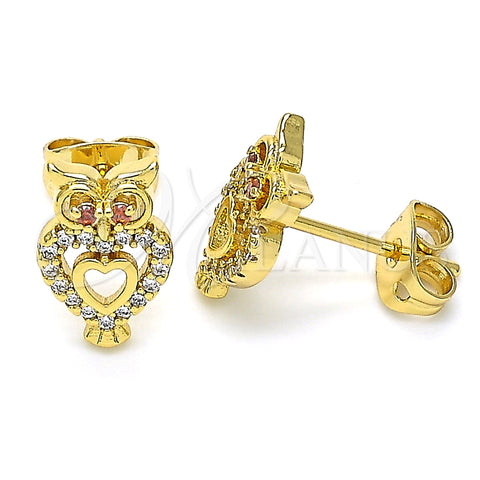 Arete Dormilona 02.342.0061 Oro Laminado, Diseño de Búho y Corazón, con Rubi Zirconia Cubica and Blanca Cristal, Pulido, Tono Dorado