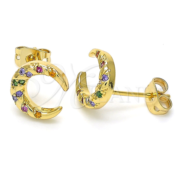Arete Dormilona 02.342.0064 Oro Laminado, Diseño de Luna, con Multicolor Zirconia Cubica, Pulido, Tono Dorado