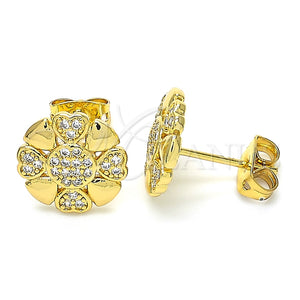 Arete Dormilona 02.156.0384 Oro Laminado, Diseño de Flor y Corazón, con Blanca Zirconia Cubica, Pulido, Tono Dorado