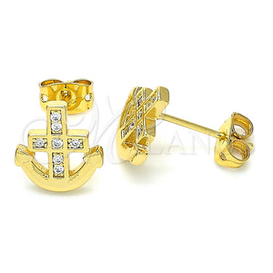 Arete Dormilona 02.156.0386 Oro Laminado, Diseño de Ancla, con Blanca Micro Pave, Pulido, Tono Dorado