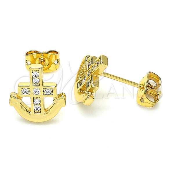 Arete Dormilona 02.156.0386 Oro Laminado, Diseño de Ancla, con Blanca Micro Pave, Pulido, Tono Dorado