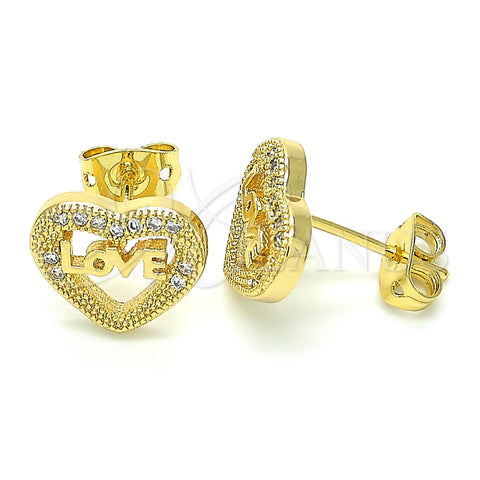 Arete Dormilona 02.156.0389 Oro Laminado, Diseño de Corazón y Amor, con Blanca Micro Pave, Pulido, Tono Dorado