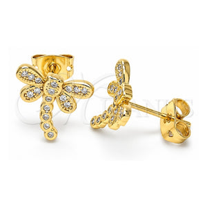 Arete Dormilona 02.156.0396 Oro Laminado, Diseño de Libélula, con Micro Pave Blanca, Pulido, Tono Dorado