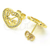 Arete Dormilona 02.156.0398 Oro Laminado, Diseño de Corazón y Amor, con Blanca Micro Pave, Pulido, Tono Dorado