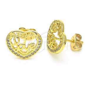 Arete Dormilona 02.156.0398 Oro Laminado, Diseño de Corazón y Amor, con Blanca Micro Pave, Pulido, Tono Dorado