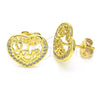 Arete Dormilona 02.156.0398 Oro Laminado, Diseño de Corazón y Amor, con Blanca Micro Pave, Pulido, Tono Dorado