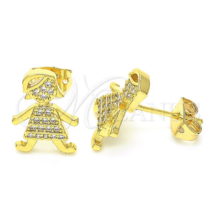 Arete Dormilona 02.156.0399 Oro Laminado, Diseño de Niñita Pequeña, con Blanca Micro Pave, Pulido, Tono Dorado
