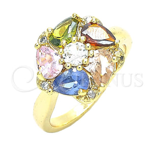Anillo Multi Piedra 01.221.0009.1.07 Oro Laminado, Diseño de Flor y Gota, con Multicolor Zirconia Cubica, Pulido, Tono Dorado (Size 7)