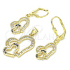 Juego de Arete y Dije de Adulto 10.342.0025.1 Oro Laminado, Diseño de Corazón, con Negro and Blanca Zirconia Cubica, Pulido, Tono Dorado