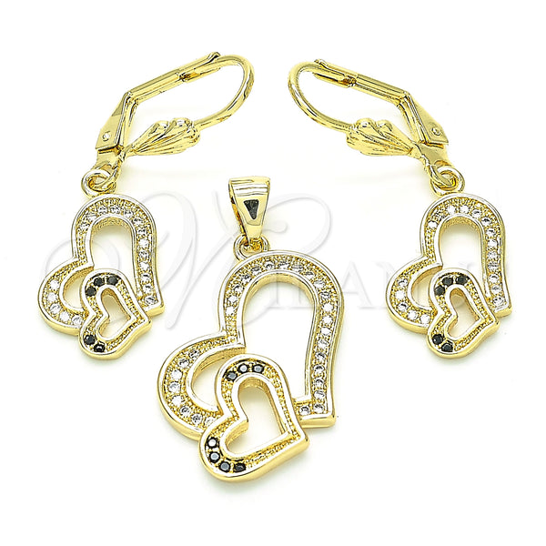 Juego de Arete y Dije de Adulto 10.342.0025.1 Oro Laminado, Diseño de Corazón, con Negro and Blanca Zirconia Cubica, Pulido, Tono Dorado