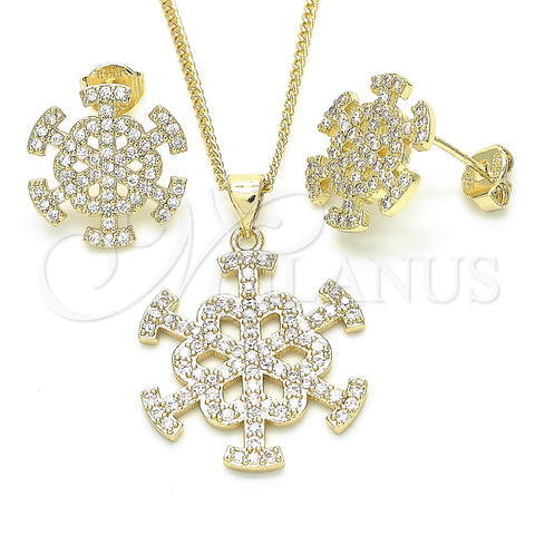 Juego de Arete y Dije de Adulto 10.199.0148 Oro Laminado, Diseño de Flor, con Blanca Zirconia Cubica, Pulido, Tono Dorado