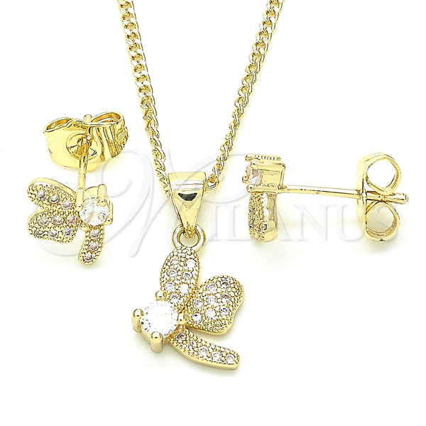 Juego de Arete y Dije de Adulto 10.199.0152 Oro Laminado, Diseño de Libélula, con Blanca Zirconia Cubica and Blanca Micro Pave, Pulido, Tono Dorado