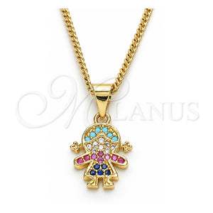 Collares con Dije 04.341.0016.20 Oro Laminado, Diseño de Niñita Pequeña, con Zirconia Cubica Multicolor, Pulido, Tono Dorado (Grosor 02 MM, 20 Pulgadas de Largo)