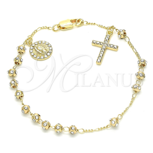 Rosario de Pulsera 03.253.0049.08 Oro Laminado, Diseño de Guadalupe y Cruz, con Cristal Blanca, Pulido, Tono Dorado