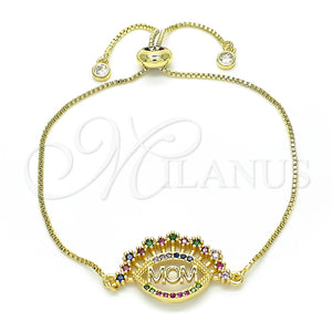 Pulsera Bolo Ajustable 03.368.0002.10 Oro Laminado, Diseño de Mama, con Multicolor Zirconia Cubica, Pulido, Tono Dorado (01 MM Thickness, 10 Inches Length)