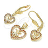 Juego de Arete y Dije de Adulto 10.156.0221.1 Oro Laminado, Diseño de Corazón y Niñita Pequeña, con Granate Zirconia Cubica, Pulido, Tono Dorado