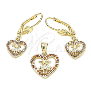 Juego de Arete y Dije de Adulto 10.156.0221.1 Oro Laminado, Diseño de Corazón y Niñita Pequeña, con Granate Zirconia Cubica, Pulido, Tono Dorado